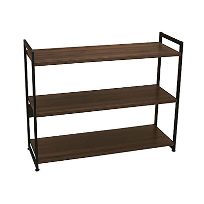 Household Essentials Jamestown Wide 3 Shelf Open Storage Bookshelf Mid Century Walnut Wood Grain and Black Metal - color: Walnut