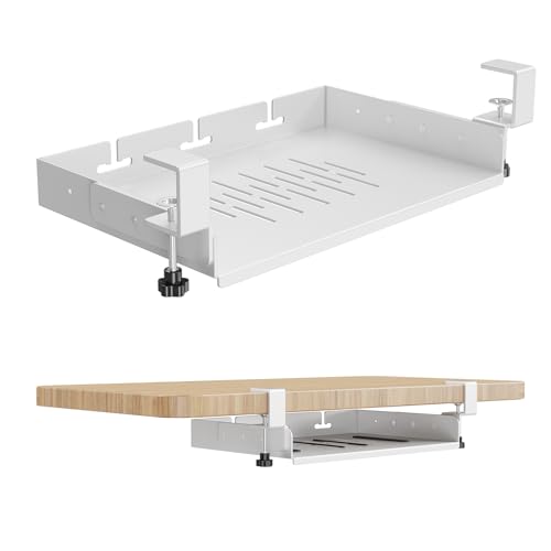 BYMECOST No Drill Under Desk Laptop Mount, Metal Under Desk Storage Shelf | Laptop Storage Tray for Macbook, Mac Mini, Controllers and Cables, Anti-scratch Silicone, fits Office, Gaming, Workstations - color: White