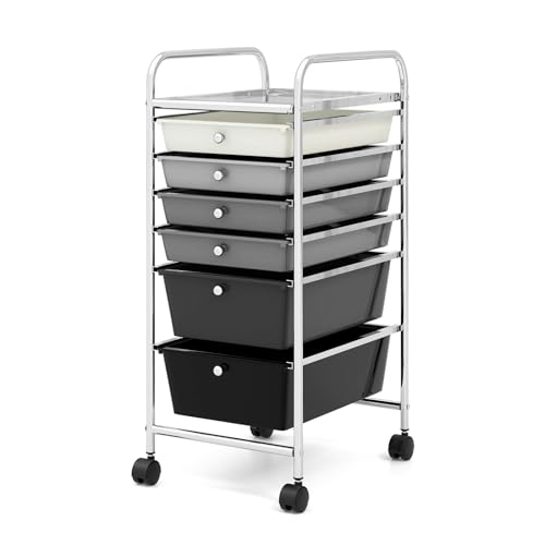 COSTWAY 6-Drawer Rolling Storage Cart, Art Craft Tools Organizer on Wheels | Multifunctional Heavy Duty Utility Mobile Storage Trolley w/ 2 Lockable Wheels for Home Office School (Mixed Black) - color: Mixed Black, size: 6 Drawer