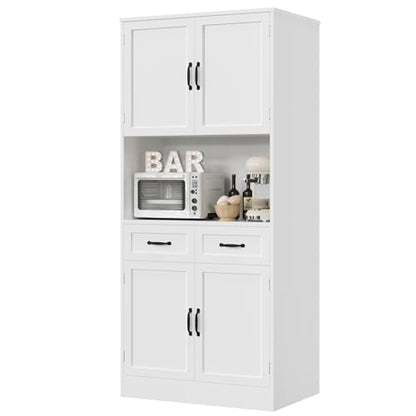HOSTACK 71" Tall Kitchen Pantry Storage Cabinet, Wood Kitchen Hutch, White | Modern Pantry Cabinet with Microwave Stand, Hutch Cabinet with Countertop & Drawers, Storage Cabinet for Living Room - color: White