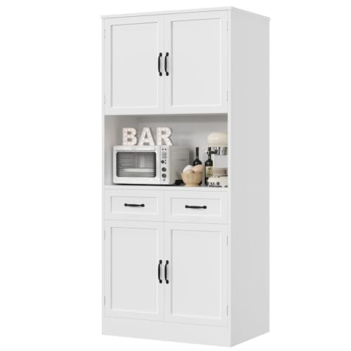 HOSTACK 71" Tall Kitchen Pantry Storage Cabinet, Wood Kitchen Hutch, White | Modern Pantry Cabinet with Microwave Stand, Hutch Cabinet with Countertop & Drawers, Storage Cabinet for Living Room - color: White