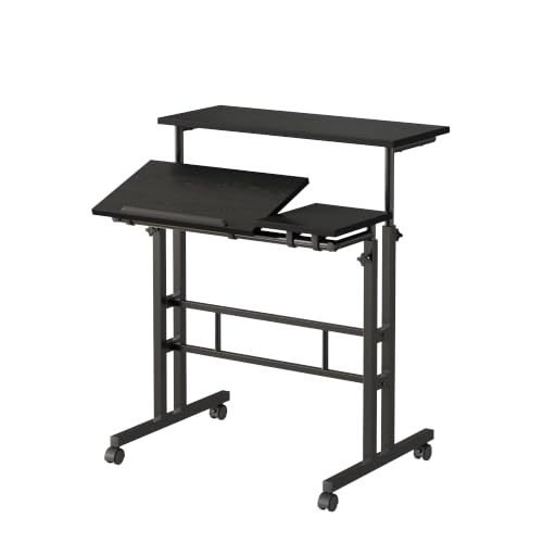 VECELO Mobile Small Standing Desk Adjustable Height, Computer Workstations with Tiltable Tabletop, Lockable Wheels, Portable Rolling Laptop Desk for Home Office, Black - color: Black