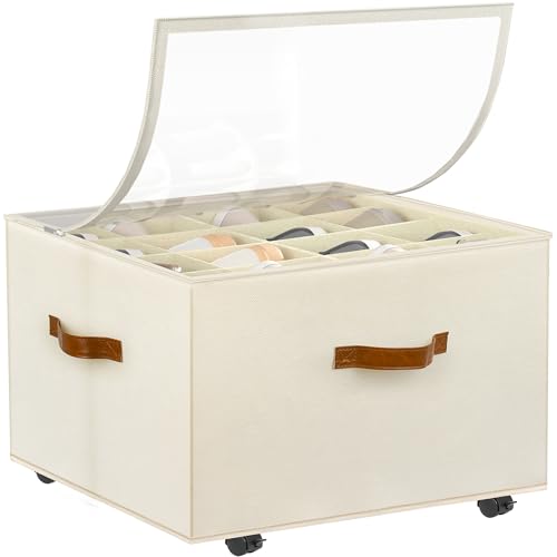 Foyego Shoe Organizer for Closet, Shoe Storage Organizer with Wheels and Adjustable Dividers, Stackable Shoe Storage Box with Clear Cover, Foldable Closet Shoe Organizer Fits up to 16-32 Pairs, Beige - color: Beige, size: 17"L x 17"W x 12 ½"H