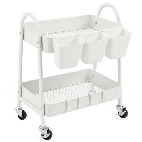 2-Tier Rolling Cart, Utility Cart Mobile Metal Rolling Storage Cart with Lockable Wheels & Hanging Cups & Hooks for Kitchen, Bathroom, Office, Workshop, Purple - color: White, size: 2 tier