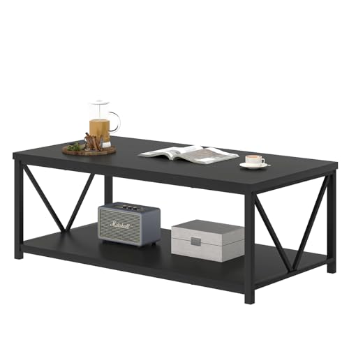 EXCEFUR Black Coffee Table, Modern Wood and Metal Living Room Table with Storage Shelf, 47 Inch - color: Black, size: 47 inch