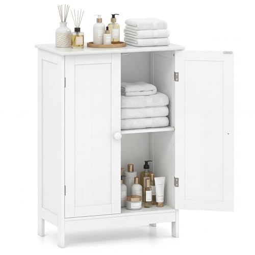 Tangkula Bathroom Storage Cabinet, Freestanding Wooden Floor Cabinet with Double Doors, Adjustable Shelf, Modern Storage Organizers for Kitchen, Living Room, Entryway (White) - color: White