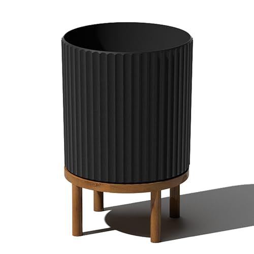 Veradek Demi Series Round Planter w/ Stand for Porch/Patio | Durable Plastic-Concrete & Wooden Stand | Modern Décor for Tall Plants, Flowers - color: Black/Brown, size: 12 Inch