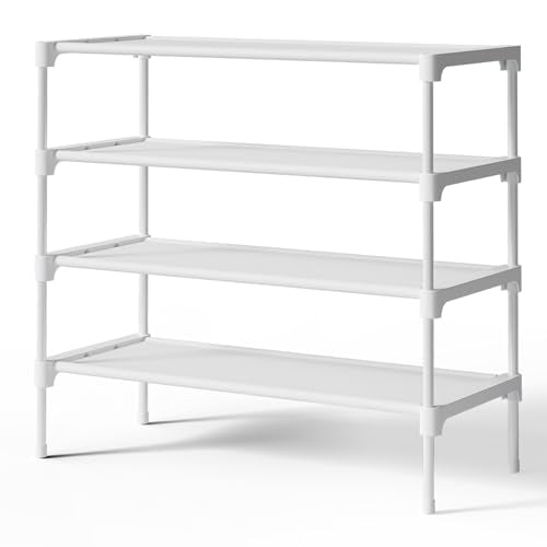 Kitsure Shoe Rack - Non-Woven Shoe Rack Shelf, 27.5" Wide - 4 Tier, White | Shoe Organizer for Closet, Entryway, Garage, Stackable Shoe Shelves, college dorm&apartment essentials - color: White, size: 27.5" Wide - 4 Tier