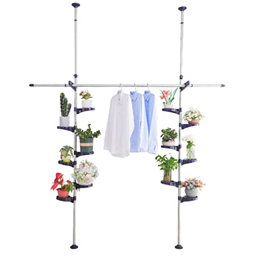 BAOYOUNI Indoor Tension Plant Pole Stands Double Rods Flower Pots Storage Shelf Floor to Ceiling Display Rack Hanger with 12 Trays, 2 Hooks & 1 Telescopic Rod for Clothes Drying, Navy Blue - color: Navy Blue, size: 2 x 7 Tier