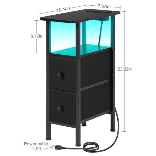 LOAKEKEL Narrow Nightstand with Charging Station, End Tables Living Room Set of 2, Skinny Side Table with Fabric Drawers, Small Sofa Table with LED Light for Bedroom, Black, HETNDP02LBK - color: Black, style: Power + Light