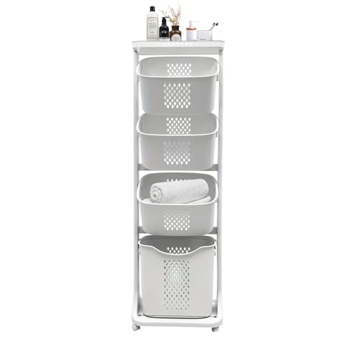 4-Tier Laundry Hamper Sorter, 54" Tall Laundry Storage Organizer with Wheels, Removable Rolling Laundry Baskets Bathroom Cart for Dirty Clothes, White