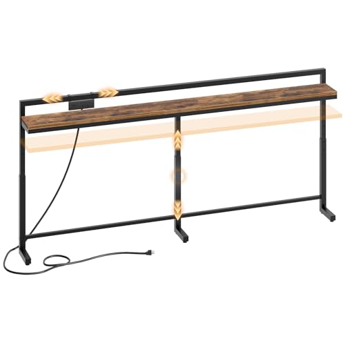 78.7'' Narrow Console Table with Adjustable Height (27.6''-35.4''), Behind Couch Table Skinny with Outlet, Long Entryway Table, Couch Table Behind Sofa for Living Room, Rustic Brown CT22UBR - color: Rustic Brown + Black, size: 78.7"L x 6.7"W x 27.6"H - 35