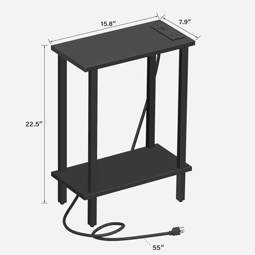 TUTOTAK Small End Table with Charging Station, Narrow Side Table with USB Ports and Outlets, Skinny Sofa Table, Slim Nightstand, Living Room, Bed Room, Black TB01BK060 - color: Black, size: 2-tier