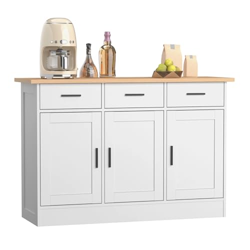 Buffet Cabinet with Storage - Buffets & Sideboards Kitchen Storage Cabinet, Wood Console Table Coffee Bar Accent Cabinets for Living Room Dining Room Entryway Large 3 Doors & Drawers, White 47.2"W - color: White, size: 47.2"W