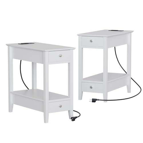 Treocho End Tables Living Room Set of 2 with Charging Station and 2 Drawers | Narrow Side Table with Ample Storage, Sofa Bedside Table for Small Spaces, Living Room, Bedroom, White - color: White