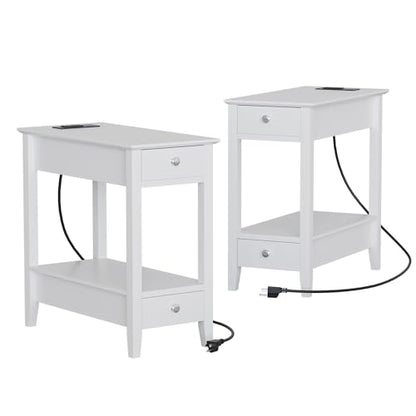 Treocho End Tables Living Room Set of 2 with Charging Station and 2 Drawers | Narrow Side Table with Ample Storage, Sofa Bedside Table for Small Spaces, Living Room, Bedroom, White - color: White