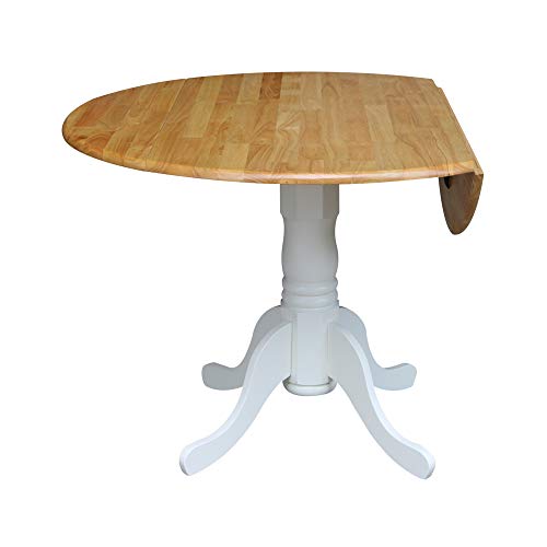 42" Round Dual Drop Leaf Pedestal Dining Table, Solid Wood, Easy Assembly, 20mm Top Thickness, Kitchen/Dining Room, Includes Two 9" Drop Leaves, Durable Parawood Construction, Unfinished - color: Natural/White