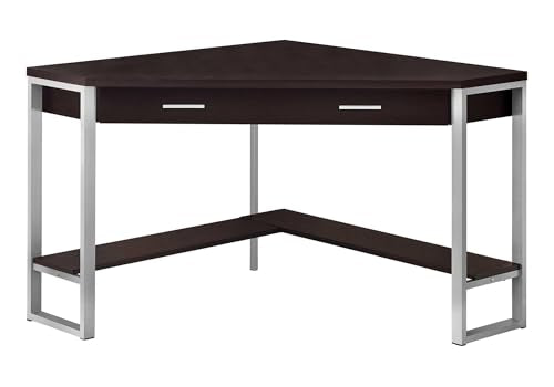 Pemberly Row Corner Computer Desk, 42" L, Particle Board and Metal, Cappuccino and Silver Finish, 1 Drawer with Shelf, Traditional Style for Home Office or Apartment Workspace - color: Cappuccino- Silver