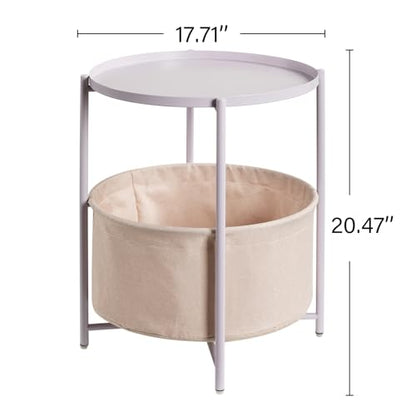 danpinera Round Side Table with Fabric Storage Basket, Small Coffee Table | Metal End Stand with Removable Serving Tray, Modern Nightstand for Small Space, Living Room, Bedroom, Nursery, Light Violet - color: Light Violet