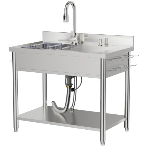 Stainless Steel Utility Sink, 38.4" Single Bowl Freestanding Laundry Sink with 360° Hot & Cold Water Faucet, Hoses & Drain Kit, Outdoor/Indoor Commercial Sink for Kitchens, Garage, Laundry Room - size: 38.4" x 22.6" x 35"