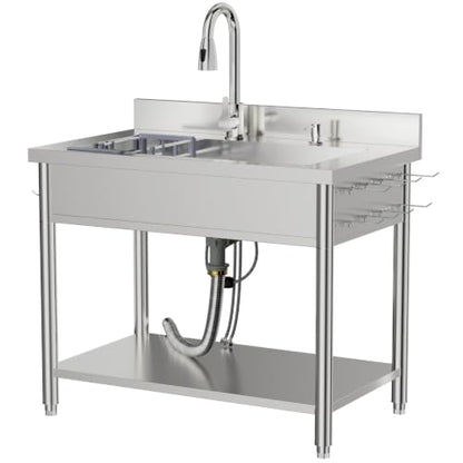 Stainless Steel Utility Sink, 38.4" Single Bowl Freestanding Laundry Sink with 360° Hot & Cold Water Faucet, Hoses & Drain Kit, Outdoor/Indoor Commercial Sink for Kitchens, Garage, Laundry Room - size: 38.4" x 22.6" x 35"
