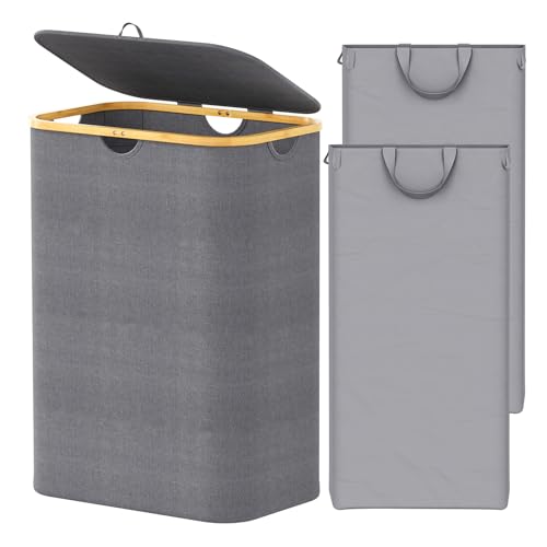 SpaceAid Double Laundry Hamper 2 Section with Lid and Removable Laundry Bags, 160L Clothes Basket with Bamboo Handles, Large Collapsible Hamper for Bedroom, Bathroom, Dorm, Laundry Room - Grey - color: Grey, size: 160 L