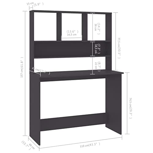 Modern Computer Desk with Floating Shelves, Compact Writing Workstation for Home Office, 43.3-inch Engineered Wood Desk, Grey - color: Grey