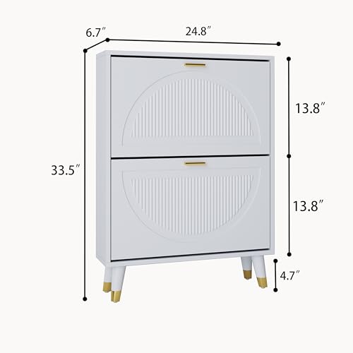 White Shoe Storage Cabinet: 24" Ultra Thin Small Shoe Cabinet for Entryway, Modern Slim and Narrow Hidden Shoes Rack Organizer with Doors and 2 Flip Drawer (1 Piece, 25") - size: 25"