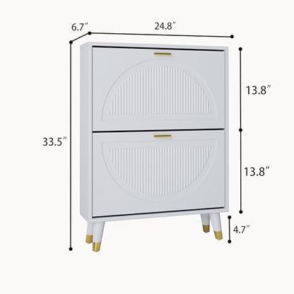 White Shoe Storage Cabinet: 24" Ultra Thin Small Shoe Cabinet for Entryway, Modern Slim and Narrow Hidden Shoes Rack Organizer with Doors and 2 Flip Drawer (1 Piece, 25") - size: 25"