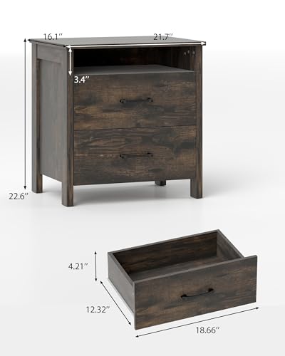 Farmhouse Nightstand, Rustic Nightstand with 2 Large Drawers, Wood End Table with Open Shelf, Bedside Table for Bedroom, Dark Brown - color: Dark Brown, size: 1 Piece