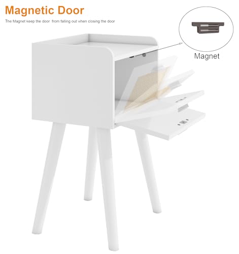LAATOOREE Nightstand Set of 2, Small White Bedside Table, End Table with Rattan Door, Boho Side Table with Solid Wood Legs for Bedroom Living Room Small Space - color: White, style: Boho Style