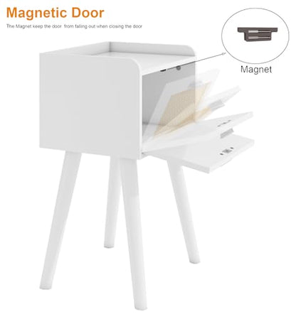 LAATOOREE Nightstand Set of 2, Small White Bedside Table, End Table with Rattan Door, Boho Side Table with Solid Wood Legs for Bedroom Living Room Small Space - color: White, style: Boho Style
