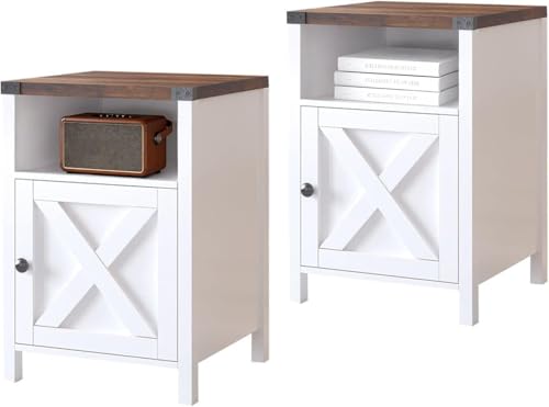 Farmhouse End Table, Nightstand with Barn Door,Set of 2,Cream White | End Tables wirh Shelf,Wooden Sofa Side Table, Modern Bed Side Table Rustic Nightstands, Bedroom, Living Room - color: White