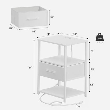 TUTOTAK Nightstand Set of 2, Night Stand with Charging Station, End Table, Bedside Table with Fabric Drawer, Side Table for Livingroom and Bedroom, White TB01BW0692 - color: White, style: Plug