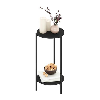Furinno BESI Plant Stand Indoor, 2-Tier Round Plant Shelf, Metal Flower Pot Plant Stand, Balcony, Patio, Garden, Americano - color: Americano