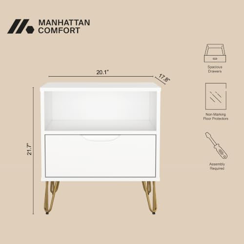 Manhattan Comfort Avira 20 Inch Nightstand with Drawer and Shelf, Mid Century Modern Bedroom Stand with Storage, Compact Side End Table with Metal Legs, White - color: White
