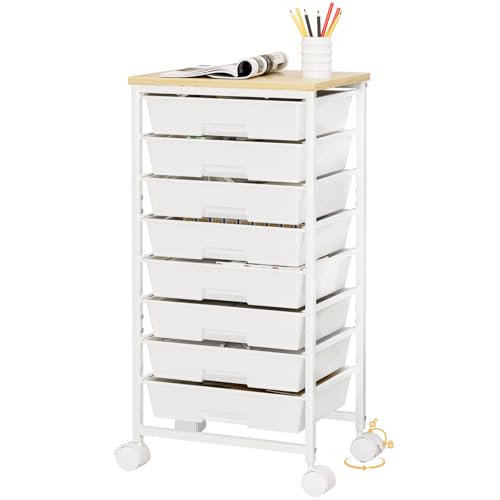 Homde Rolling Storage Drawer Cart: 8-Drawer Sort to Clear Desk & Dresser Clutter - Anti-Fall Smooth Glide Prevents Spill-Out During Daily Grab - Lockable Wheels Keep It Steady - color: White