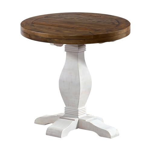 Napa Solid Wood Farmhouse Rustic Reclaimed Natural and White Stain Round End Side Accent Living Room Table, Nightstand Bedside 26" W x 26" D x 25" H | Farmhouse Rustic, Pine Wood, Round Side Table, Nightstand, 2" Plank Top, for Living Room or Bedside, 26"