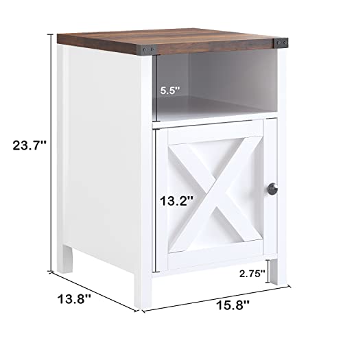 Farmhouse End Table, Nightstand with Barn Door and Shelf,Cream White | End Tables,Wooden Sofa Side Table, Modern Bed Side Table Rustic Nightstands, Bedroom, Living Room - color: White
