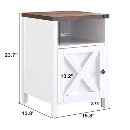 Farmhouse End Table, Nightstand with Barn Door and Shelf,Cream White | End Tables,Wooden Sofa Side Table, Modern Bed Side Table Rustic Nightstands, Bedroom, Living Room - color: White