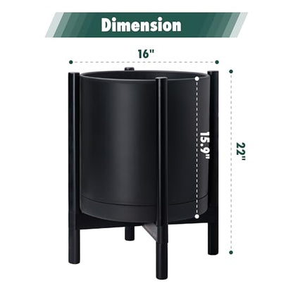 D'vine Dev Plastic Pot with Ebony Wood Stand, Black, 16 in, 55-C-Z-2 | Mid-Century Inspired Design, Elevated Plant Display, Clean Lines, Sturdy Support, Modern Space-Saving Style - color: Matte Black Pot + Ebony Stand, size: 16 Inch