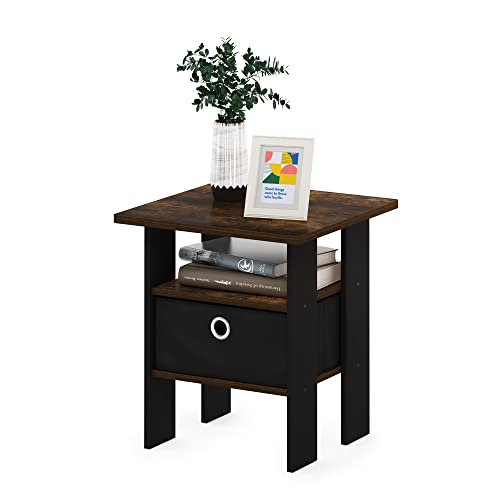 Furinno ANDREY Square Side Table, End Table, Night Stand, Amber Pine | Open Shelves and Storage Bin, Bedside Table, for Living Room, Bedroom - color: Amber Pine/Black, size: 1-Pack, Center Bin