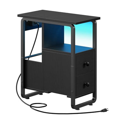 HOOBRO Narrow End Table with Charging Station & LED Lights, Slim Nightstand with 2 Fabric Drawers and Open Shelves, Narrow Side Table for Living Room, Bedroom, Black BB430UDBZ01 - color: Black
