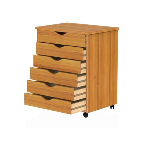 Pemberly Row Solid Wood 6-Drawer Roll Utility Cart, 15.35x20.75x25.43 in, Med Pine Finish, Smooth Mobility Casters, Compact Storage Organizer for Home Office, Kitchen, or Craft Room - color: Medium Wood, size: 20.75" x 15.35" x 25.43"