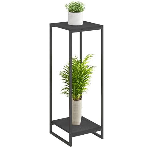 34" Tall 2-Tier Corner Plant Stand Indoor, Black | Functions as Flower Pots, Shelf, Decor Rack, Holder; Metal Frame with MDF Boards; for Living Room, Balcony; Modern Design