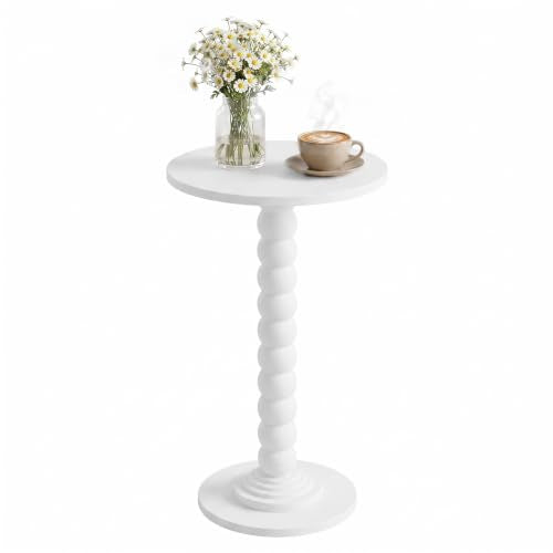 Round Side Table for Small Spaces, Modern Pedestal End Table with Solid Wood Spindle Leg, Small Drink Table Accent Nightstand for Living Room, Bedroom, Sofa Side, Apartment & Office, White - color: White