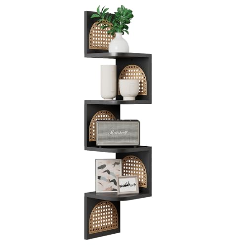 4-Tier Corner Shelves - Zig Zag Rattan Wall Shelf, Black Corner Shelf Wall Mounted, Floating Shelves for Bedroom, Bathroom & Living Room - color: (3) Rattan Black Corner Shelves