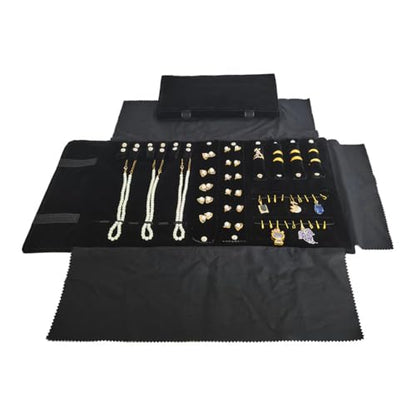 Velvet Travel Jewelry Case Roll Bag Organizer for Necklace Bracelet Earrings Ring (Black) (Black（6+2+4+2) - color: Black (6+2+4+2)