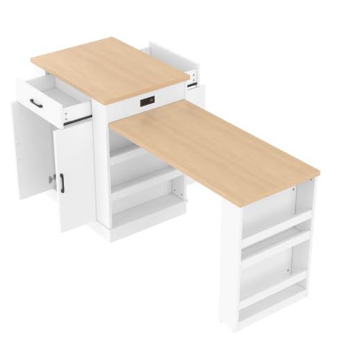 Bellemave Kitchen Island with Extendable Dining Table, 80.7" Kitchen Storage Islands with Double-Door Cabinet, Power Outlet, 2 Drawers & 2 Open Shelves, Temporary Breakfast Bar (White/80.7") - size: 80.7 Inch, style: White 2 Cabinet