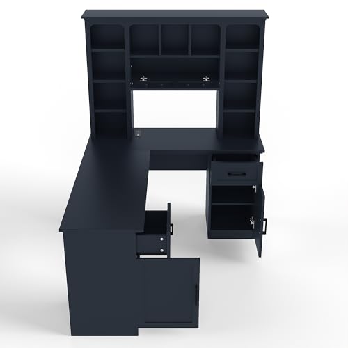 L-Shaped Home Executive Desk with 2 Cabinets and 2 Drawers, Computer Desk with Power Outlet, 11 Open Shelves and 1 Right Flip Shelf with Storage for Study, Living Room and Office (Antique Blue-02) - color: Antique Blue-02